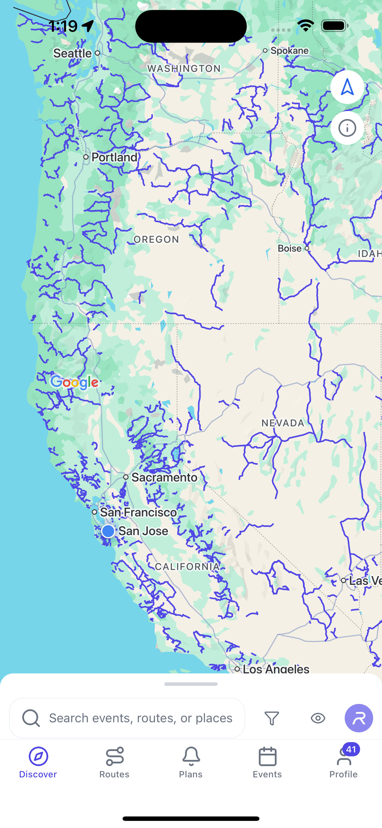 Map showing curated motorcycle routes along the West Coast