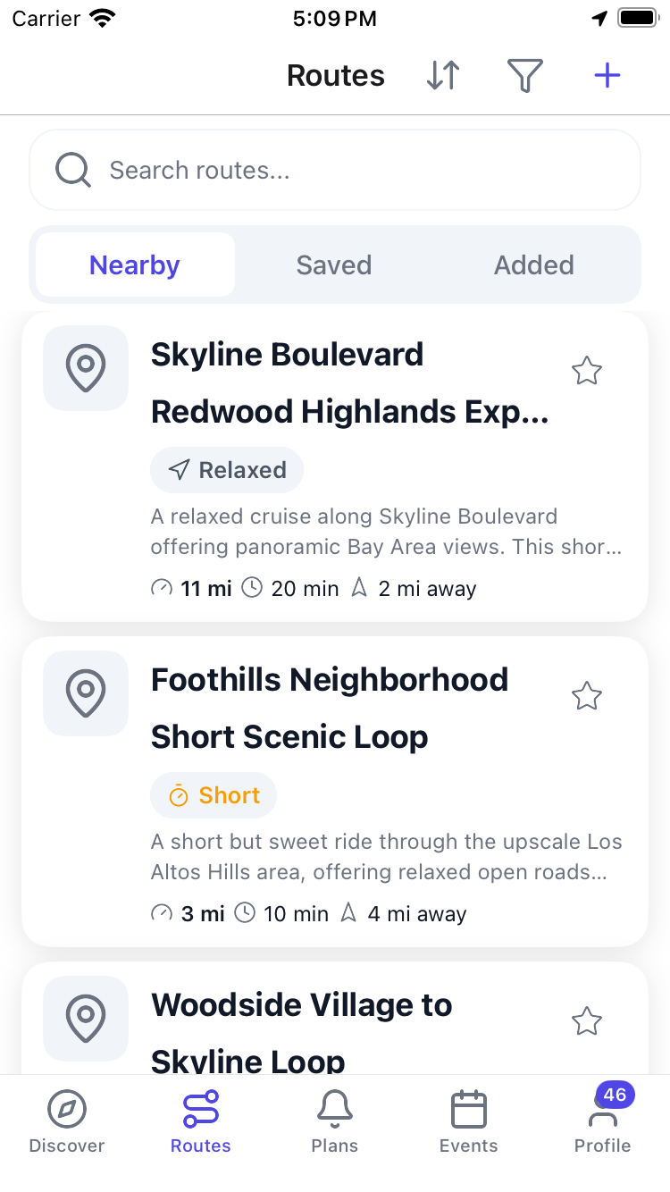 Routes screen
